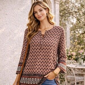 Cover Stitched Rust Paisley Geometric 3/4 Sleeve Split Neck Blouse Boho Hippie L